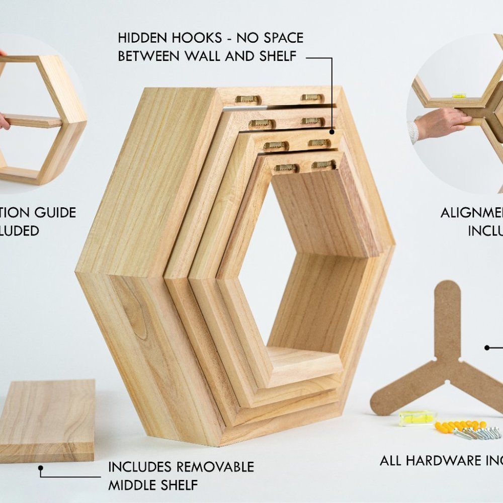 Floating Shelves - Natural Hexagon Shelves Set of 4 - wall decor - Picture 8 of 10